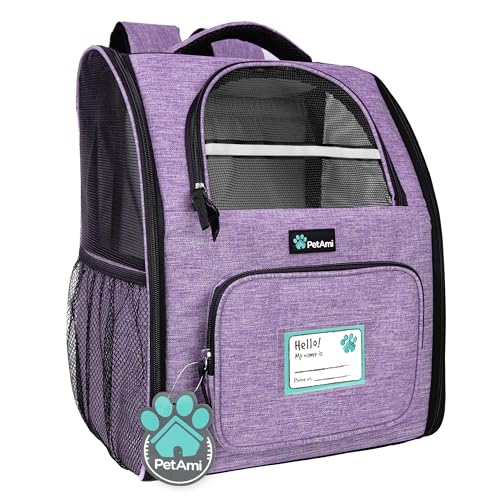 PetAmi Dog Backpack Carrier Airline Approved Cat Pet Puppy Bag, Purple | Ideal for Small Medium Large Pet up to 18 lb, 2 Side Entry Structured No-Collapse Frame, Ventilated Bookbag for Hiking Travel - color: Heather Purple