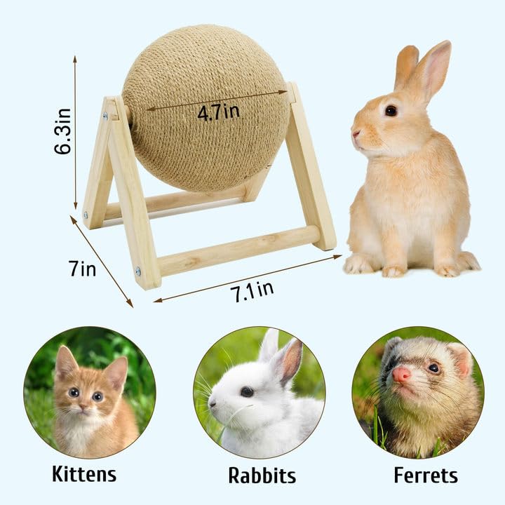Fhiny Rabbit Scratch Toy, Natural Solid Wood Sisal Scratching Ball for Indoor Kittens, Claws Scratching Ball for Kitten Bunny Guinea Pig Chinchilla Ferret or Other Small Animals (Small) - style: Small Scratch Toy
