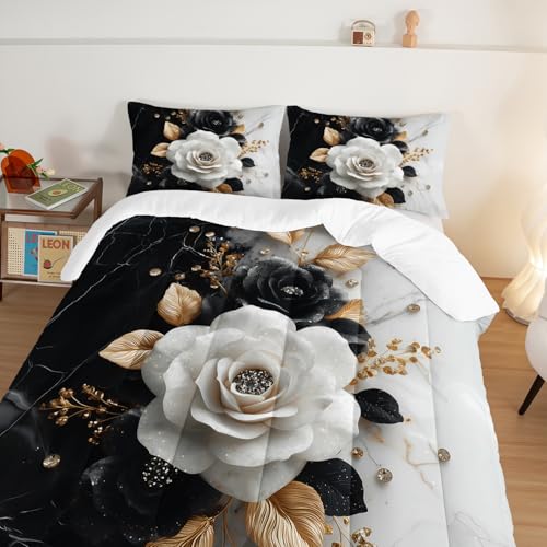 HOSIMA Floral Bedding Sets Full for Women,Black White Marble Grain Ink Fluid Art Comforter Floral Bedding for Girls Room Decor,Golden Leaves Pattern Lightweight Comforter with 2 Pillowcases. - color: Black, size: Full