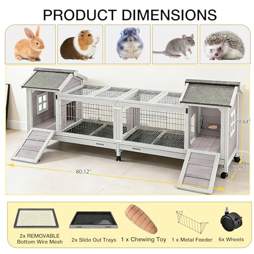 Rabbit Hutch Indoor Outdoor, Large Bunny Cage with Double House and Run, 10.4 ft² Guinea Pig House, Upgrade Deeper No-Leak Trays, On Wheels for Easy Moving - color: （Grey-AIR68)