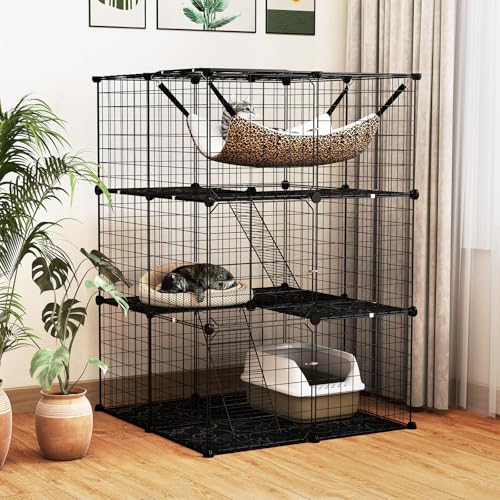 Tangkula Cat Cages Indoor, 3-Tier Cat Enclosure with Skylight, Extra Large Hammock, 2 Ladders, Detachable Metal Wire Kennel with 3 Lockable Doors, DIY Cat Crate & Pet Playpen Catio for 1-3 Cats Kitten - size: 29.0"L x 29.0"W x 42.0"H