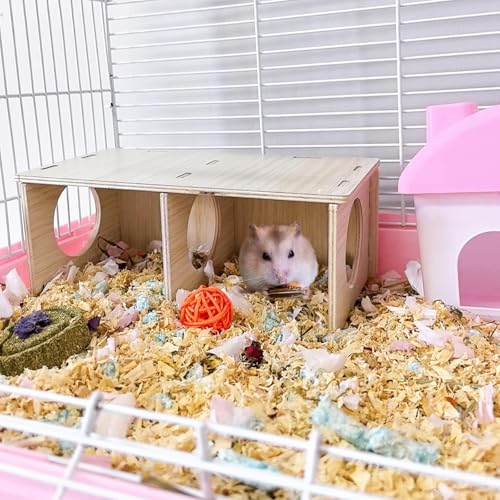 Hamiledyi Wooden Hamsters 2-Chamber Hideout-Tunnel Multi Chamber Exploring Toy Hamster Hiding Maze Tunnel Toy Platform Stuff Cage Accessories for Gerbil Rat Mice - size: M