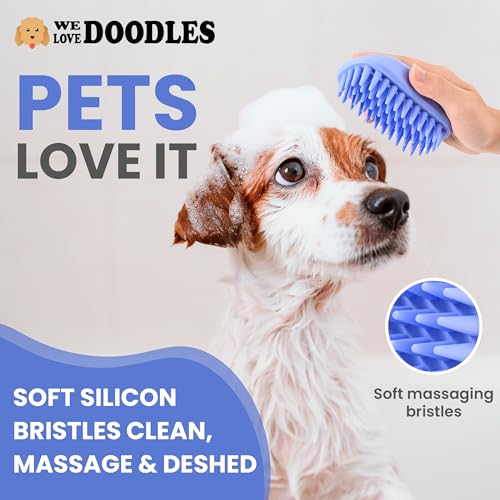 Bath Brush for Pet Grooming & Massage - Rubber Scrubbing Brush for Showers, Ideal for Long & Short Haired Dogs and Cats, Essential Puppy Accessory, Long Pins [We Love Doodles] | Best Dog Scrubber for Bath, Curry Brush For Puppy, Essential Pet Bathing Supp