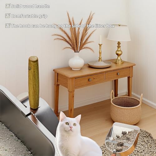Premium Stainless Steel Cat Litter Scoop-Triple Guard Walls&Non-Stick Design,Silver,Flat Shovel Head Design Solid Deep Edge Wood Handle,Dual Hooks 1Pack,6.1x5.3inch (Silver long strip) (Silver) - color: Silver