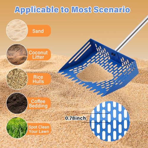 2-in-1 Chicken Poop Scooper & Rake, 10 Inch Chicken Coop Scoop with 37" to 65" Adjustable Stainless Steel Handle, Pooper Scooper Set with Gloves, Pet Farm Animal Waste Cleaning Tools (Blue) - color: Blue