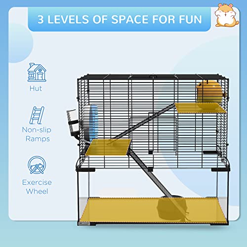 PawHut Large Hamster Cage with Deep Tempered Glass Bottom, 3 Tiers Hamster Tank with Running Wheel, Hut, Water Bottle, Dish, Rat Cage for Syrian, Dwarf, Gerbils, Mouse, 23.5" x 16" x 22.5", Black | 3 Tiers Hamster Tank, Running Wheel, Hut, Water Bottle, D