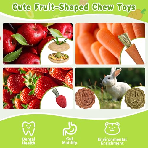 10 PCS Hamster Chew Toys, Guinea Pig Chew Toys for Teeth Natural Timothy Chinchilla Treats Apple Core, Grass Cake, Carrot and Strawberry for Gerbil, Rat, Rabbit and Small Animal Dental Care