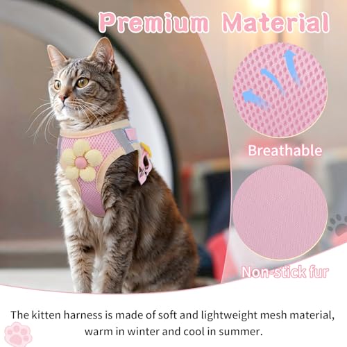 Cat Harness and Leash Set, Escape Proof Soft Vest Walk Pink XS | Adjustable, Easy Wear, Breathable Comfy Mesh, Reflective Strips, Sturdy Clip Buckle Flower Harness for Cats Kitty Puppy Bunny - color: Sakura pink, size: Extra Small