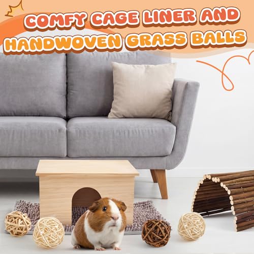 9 Pcs Wood House Guinea Pigs Hut Hideout with Rolling Chew Toys for Small Animals Accessories, Toys, and Supplies Guinea Pig Liner Washable Cage Liner Guineapig Habitat Cage Accessories