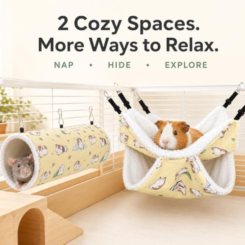 Small Pet Hammock & Tunnel Set for Ferrets, Guinea Pigs, Rats - Plush Hideout Bed & Cage Toy, 2-Pack, Yellow Guinea Pig Print - color: Yellow