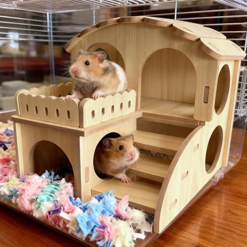 Wooden Hamster Hideout - Wood Hamster Hide House with Ladder Platform Small Pet Hut Habitat Detachable Hamsters Maze Cage Accessories for Dwarf Rat Gerbils Mouse and Other Tiny Animals