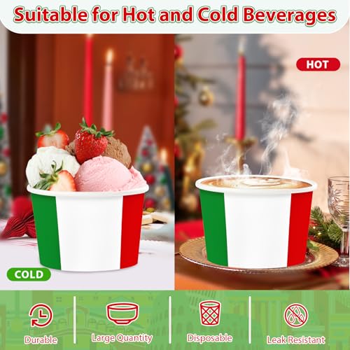 120 Pcs Italian Flag Ice Cream Cups 12 oz Disposable Italy Flag Paper Dessert Snack Soup Bowls Red White and Green Food Yogurt Cup Containers for Pizza BBQ Birthday Picnic Gathering Party Supplies - style: Italy Style Cups