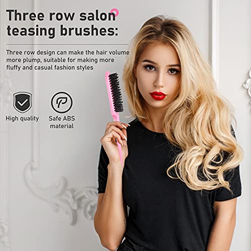 Remerry 12 Pieces Hair Brush Set, Nylon Teasing Hair Brushes 3 Row Salon Teasing Brush, Double Sided Edge Smooth Comb Grooming, Rat Tail Combs with Duckbill Clips for Women(Pink) - color: Pink