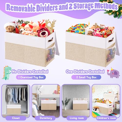 Large Toy Storage Box with Lid & Dividers, Kids Toy Chest, Beige and White | Toy Box for Boys, Girls, Nursery, Bedroom, Living Room, Playroom, 25 x 13 x 16 inches - color: Large Beige and White