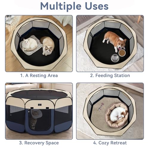 A 4 Pet 40.55-in Dog Playpen for Small Dogs & Puppies, Foldable | Includes bowl, waterproof floor, pop-up design, home/travel/outdoor use - color: Blue+Beige, size: M(40.55"x40.55"x20.5")