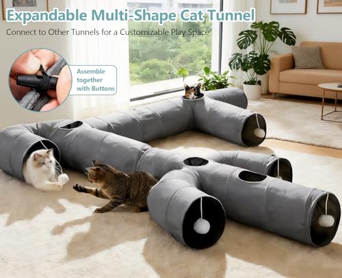 Ownpets Cactus Cat Tunnel 12" with Peek Holes for Indoor Large Cat, Grey | Durable Oxford fabric, noise-free, foldable & connectable, multi-cat friendly, tube for cats up to 20lb, includes ball & wand - size: 12 Inches in Diameter