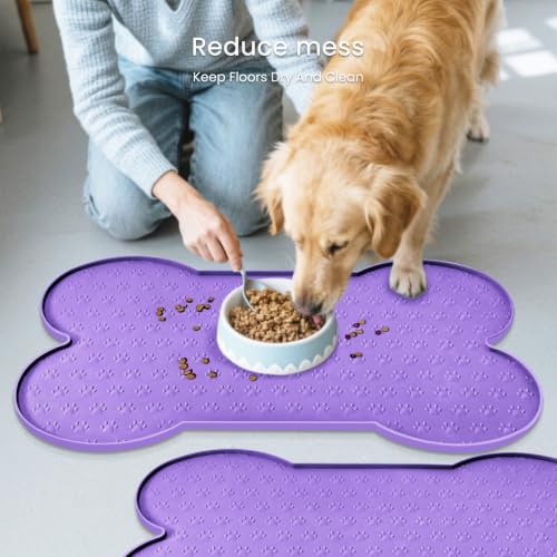 PWTAA Dog Food Mat Anti-Slip Silicone Dog Bowl Mat Thicker Pet Placemat Waterproof Cat Feeder Pad with Raised Edge Puppy Kitten Feeding Mats Suitable Small Medium-Sized Dogs Cats Eating Tray - 2PCS - color: Purple, size: 19.4" x 9.8"-2PCS