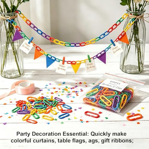 500Pcs Rainbow C-Clips Plastic Chain Links, Bird Swing & Climbing Chain Cage Toy Clips & Hooks, Interlocking C-Clip Bird Cage Accessories for Sugar Glider Rat Parrot Bird, Children's Learning Toy