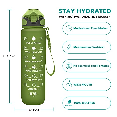 Enerbone 32 oz Drinking Water Bottle with Times to Drink and Straw, Motivational with Carrying Strap, Leakproof BPA & Toxic Free, Ensure You Drink Enough Water for Fitness Gym Outdoor - color: Hunter Green