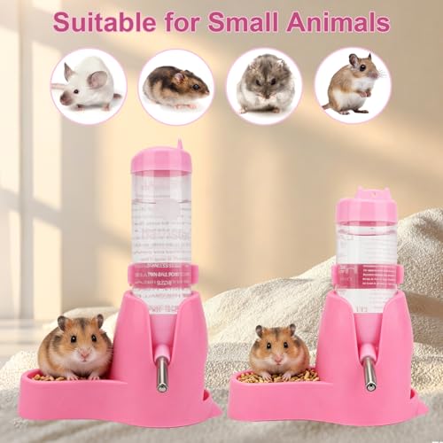 Litewoo 3 in 1 Hamster Water Bottle Small Animal Water Bottle with Food Container Base Hut Hanging Pet Automatic Feeding Drinking Dispenser for Dwarf Hamster Rats Mouse Gerbil Mice - color: Pink, size: 80ml