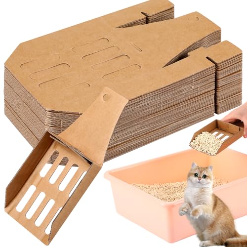 Watersay 30 Pcs Disposable Cat Litter Scoops 8.3x3.3 Inch Portable Kitty Litter Scooper with Holder Shovel Cardboard Plastic Free Litter Scoop with Holes for Travel Cat Litter Box