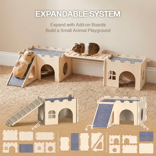 Ramp for Guinea Pig Cage, Wooden Bridge and Climbing Board | Slatted small-animal ramp with removable fabric grip for climbing or connecting compatible hideout houses - size: Small