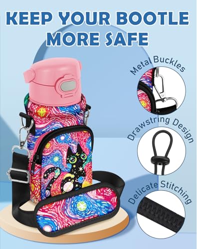 Water Bottle Carrier with Strap for Kids, 14-20 oz | Insulated, Neoprene Water Bottle Holder Bag with Pocket, Cute Cartoon, Bottle Bag for boys and girls, Walking Hiking Camping - color: Starry Sky Cat