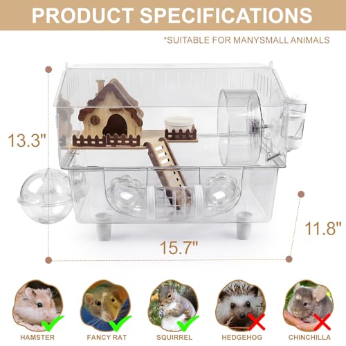 Loungewave Acrylic Hamster Cage, 8 in 1 Gerbil Cage with Accessories | Classic House Style, Dwarf Hamster Cage with Full Transparent Viewing, Clear View Inside Easy to Clean, Excellent Ventilation - color: Transparent