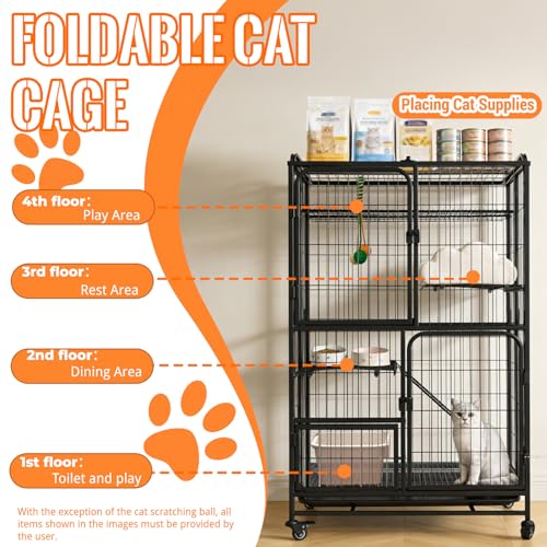 Multi-Tier Collapsible Cat Cage Crate, Metal Wire Cat Enclosures for Indoor | Cat playpen with 360° Wheels and Secure Lock,Large Ferret Kennel for Adult Cats Kitten Chinchilla (Black 4-Tier)