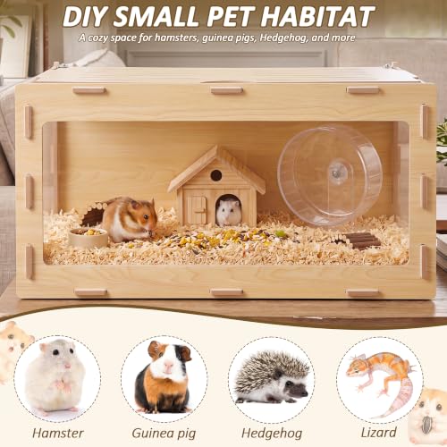 32" Hamster Cage with 3-Sided Clear Acrylic Panels | Interlocking Small Animal Habitat with Top Access & Ventilation for Syrian & Dwarf Hamsters, Gerbils and Mice - color: Natural Wood, size: 32.0"L x 16.1"W x 16.0"H