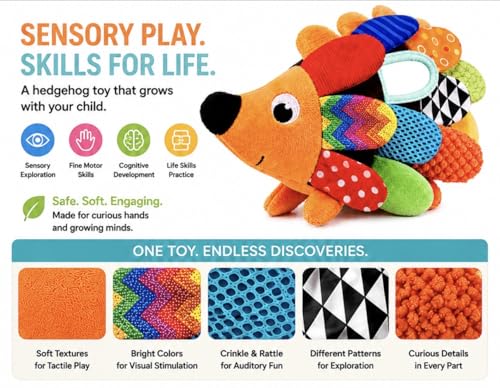 Sensory Hedgehog Buckle Toy for Toddlers 1-3 | Soft Plush Baby Buckle Toy with 8 Textures, Mirror, Crinkle & Sensory Activities | Montessori Toddler 2Buckle Toy for Fine Motor Skills