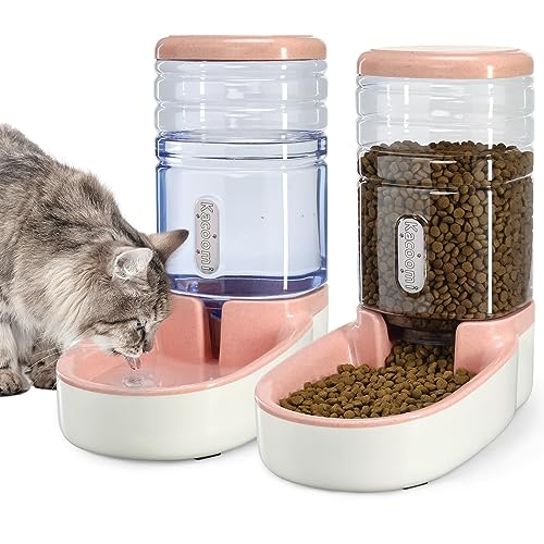 Automatic Dog Cat Feeder and Water Dispenser Gravity Food Feeder and Waterer Set with Pet Food Bowl for Small Medium Dog Puppy Kitten, Large Capacity 1 Gallon x 2(Pink) - color: Pink