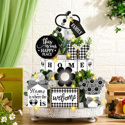 FairySandy 11 Pcs Home Tiered Tray Decor Buffalo Plaid Black White Rustic Farmhouse Tiered Tray Decorations Set Home Wooden Signs Vintage Farm Animal Tabletop Wood Signs for Kitchen Table Shelf Decor - style: Novelty