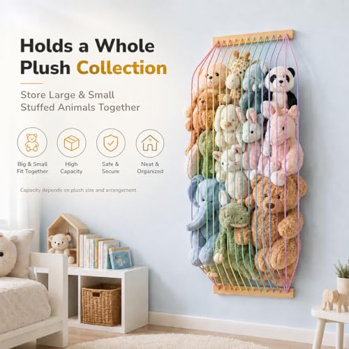 Stuffed Animal Storage Wood Soft Toy Organizer for Kids Room，Cute and Durable Wall or Door Mount Length Adjustable Hanging Stuffed Animal Toy Organizer Shelf for Nursery Play Room Rainbow -Patent - color: Rainbow