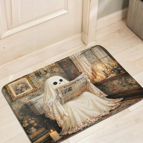 JAWO Funny Halloween Bath Mat, Gothic Ghost Sitting on Toilet Reading Newspaper Print, Vintage Spooky Non-Slip Absorbent Floor Mat for Bathroom Party Decor 16X24 - color: Beige1, size: 16.00" X 24.00"