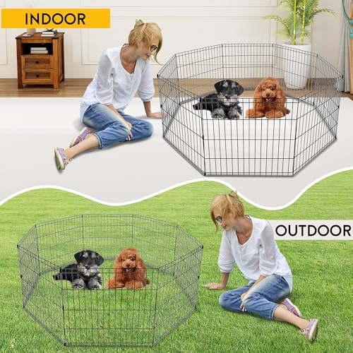 FDW | Dog Playpen | 24", 8 Panels | Heavy Duty Metal Pet Exercise Pen | Indoor/Outdoor Fence Panels | Rust-Resistant, Removable, Tool-Free Setup | Custom Layout, Anti-Skid, Expandable Design