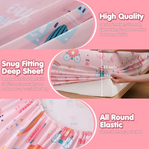 Twin Sheet Set for Girls, Pink Princess Themed Kids Bed Sheets 3 Pieces | Soft Breathable Printed Microfiber Bed Sheet for Kid Room,Fitted Sheet with 15 inch Deep Pocket and Pillowcase Set - color: Princess, size: Twin
