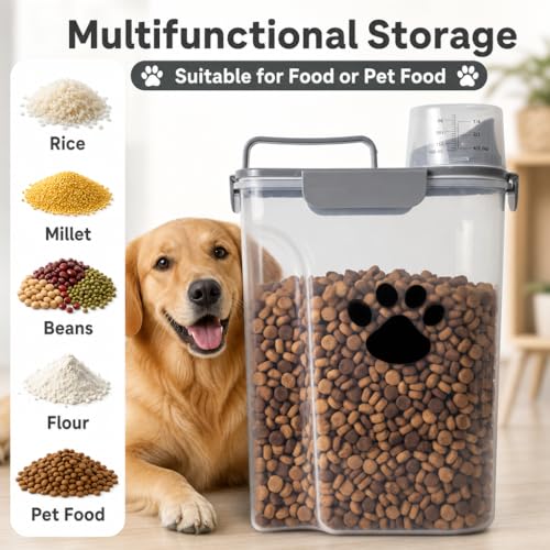 5-7Lbs Dog Cat Food Storage Container with cleaning brush | 4 Snap Seals,Portable Pet Food Containers with Upgraded Large Nozzle and Measuring Cup,Cats,Birds(Large-Grey) - color: 6QT-Grey