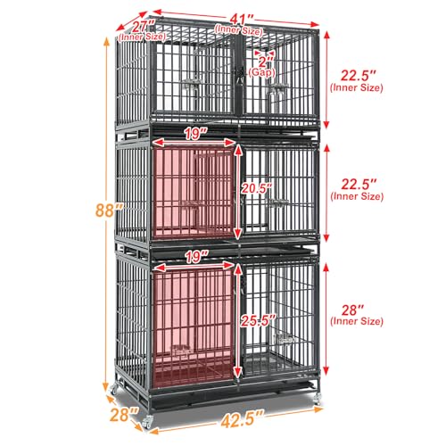 Homey Pet 3 Tiers 43" Heavy Duty Dog Crate Bank with Wheels, 43T x 2 & 43S | Double Stackable Kennel with Divider, Dual Door, Auto Locks, Removable Tray, Bowl, Ideal for Small, Medium to Large Dogs - size: 42.5"L x 28.0"W x 88.0"H