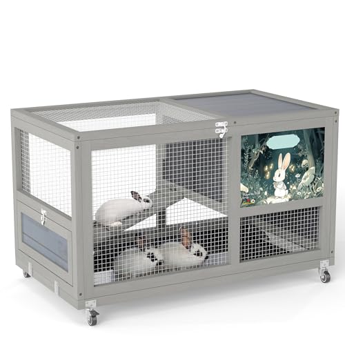 COZIWOW Fashionable Wood 36In Rabbit Hutch Indoor on Wheels Bunny Cage Outdoor Rabbit Cage with Clean Tray, Openable Roof, Anti-Slip Ramp for Small Bunny Rabbit (Grey with Pattern) - color: Grey