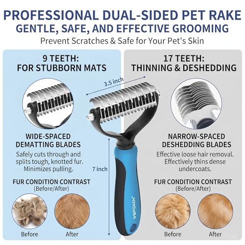 5-in-1 Dog Grooming Kit with Self Cleaning Brush & Rake, Blue | Best Push-Button Self-Cleaning Puppy Grooming Set with Undercoat Deshedding Rake & Steel Combs for All Long Short pet hair - color: Blue