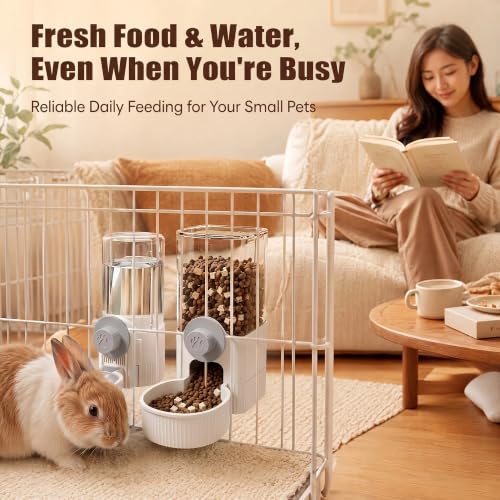 Automatic Rabbit Feeder and Water Dispenser Set,40oz Gravity Food Feeder&17oz Leak-Proof Water Bottle for Guinea Pigs,Hamsters,Chinchillas,Ferrets,Small Animals,Cage Mount Feeding Station white