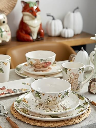 Bico Woodland Critters 24oz Ceramic Cereal Bowls, Set of 4, for Pasta, Salad, Cereal, Soup & Microwave & Dishwasher Safe