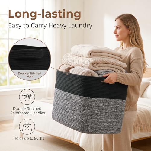 OIASKET 108L Cotton Rope Storage Basket for Living Room and Bedroom 25"x16"x16" Woven Laundry Basket, Heavy Duty Bin for Blankets, Pillows & Toys, Pet-Safe & Scratch-Free, Black - color: Black