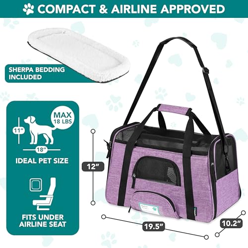 PetAmi Airline Approved Pet Carrier Cats & Small Dogs, Large Heather Purple | Soft Sided TSA Travel Bag, Sherpa Bed, Breathable Mesh Ventilation, Collapsible Bowl, Fits Under Seat, Up to 18 lbs - color: Heather Purple, size: Large - 19.5"L x 10.2"W x 12"H