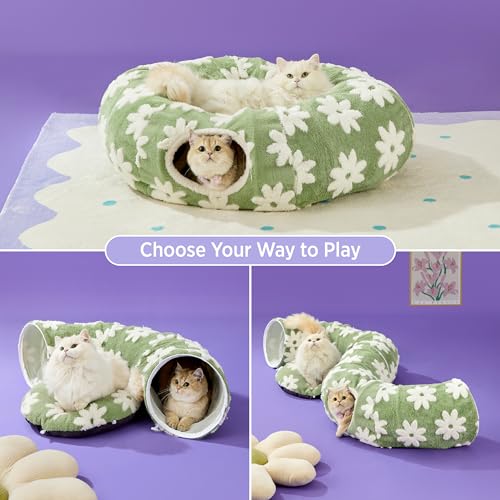 Lesure Donut Cute Jacquard Cat Tunnel Bed Kitten Toys for Puppy Bunny | 33.5x33.5x10in,Round Cat Bed Tube for Indoor Cats Rabbit Dog,Pet Peekaboo Cave Toy,Spiral Hideaway,Washable Cushion,Green - color: Flower Garden Green, size: Standard (33.5"L x 33.5"W
