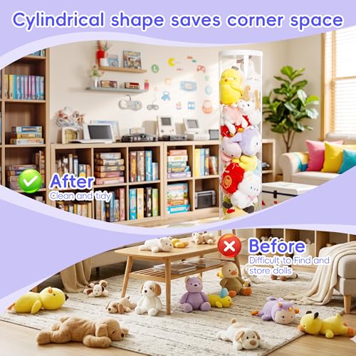 47.2 Inch Zippered Stuffed Animal Storage Tube, Large Capacity Space Saver | Large capacity transparent stuffed animal storage tube with zipper，Quick assembly stuffed animal tube organizer