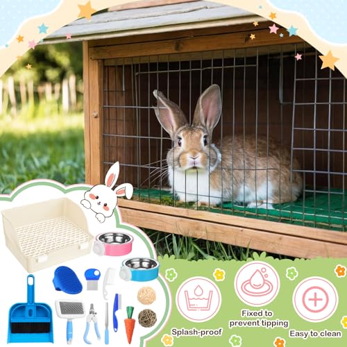 Reallnaive 15 Pcs Rabbit Starter Kit Small Rabbit Litter Box Girls Gift Animal Grooming Kit Bunny Toys Bowl Blankets with Cleaning Set for Guinea Pig Accessories(Beige) - color: Beige