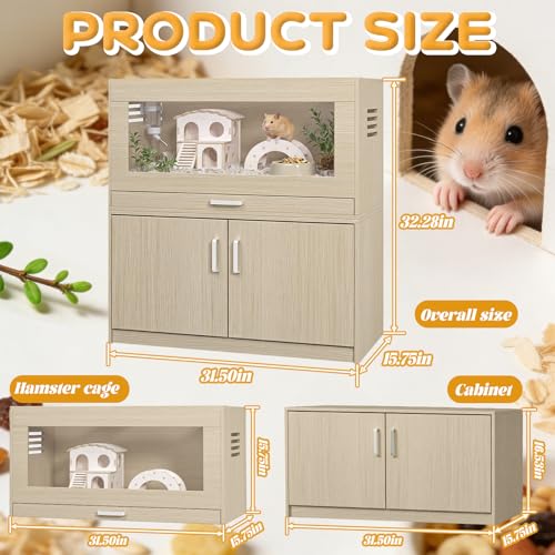 Hamster Cage with Storage Cabinet Detachable, Large Wooden Small Animal Habitat with Easy-Clean Drawer & Acrylic Panels for Guinea Pig, Rabbit, Hedgehog, Chinchilla (Teak) - color: Teak