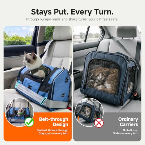 Cat Carrier Soft with Safety Buckles, Lockable Zippers, Safe for Car Travel | Escape-Proof, Safety Tether, Collapsible Pet Carrier for Car Rides & Vet Visits, Airline Approved Underseat, Up to 12lbs - color: Blue